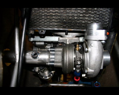 Turbo Installed
Shows the turbo mounted in position, with exhaust coming out the side.
